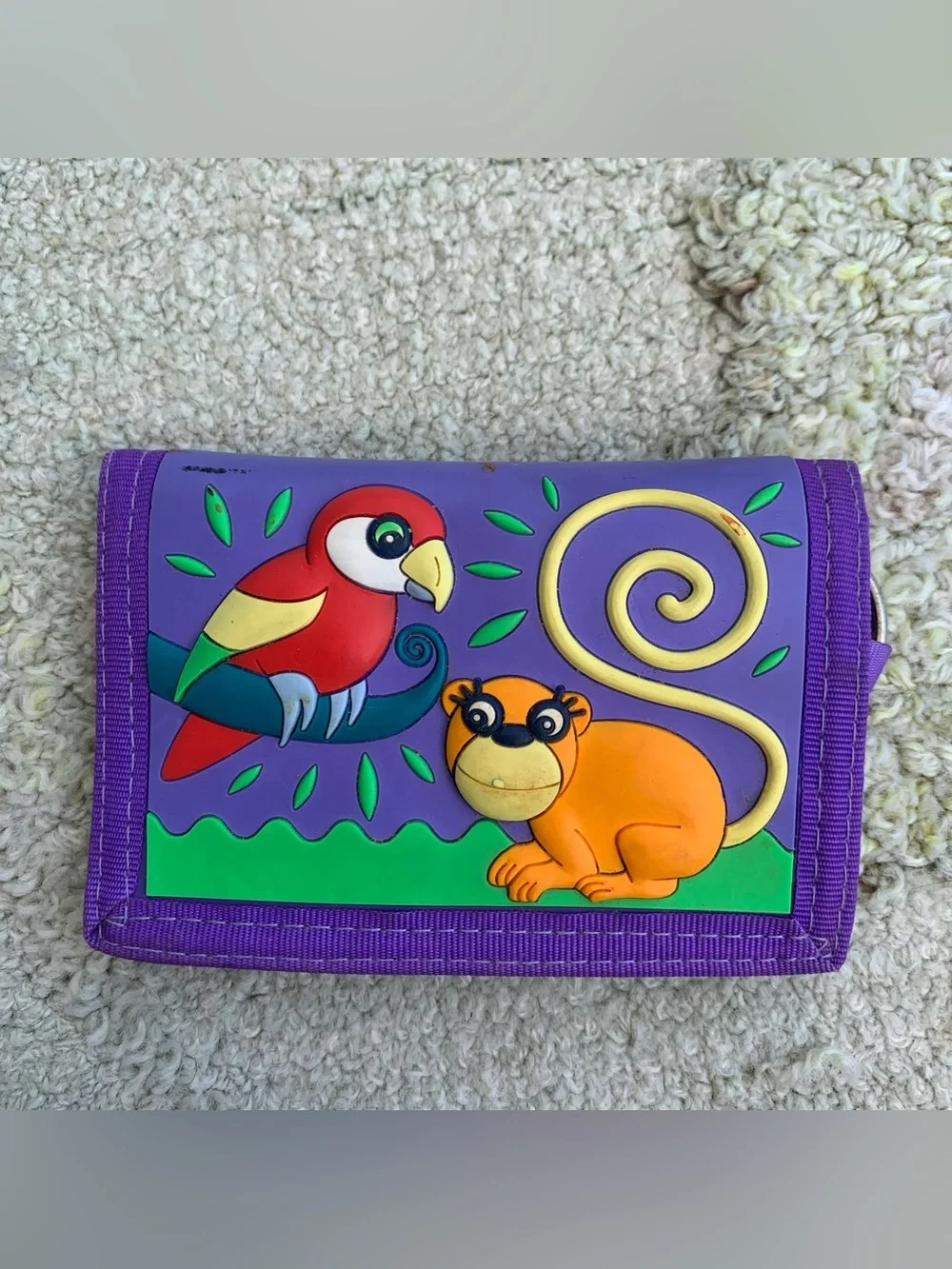 Vintage Parrot Jungle Island Miami FL Purple Nylon Tri-Fold Wallet Keychain